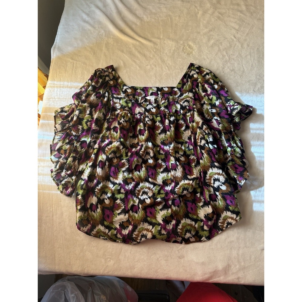 Terra & Sky Blouse Multicolor 2XL Abstract Ruffle Butterfly Short Sleeve